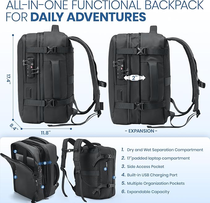 Fanwoli Vacuum Travel Backpack, Carry On Luggage with TSA Lock & Anti Theft Zipper, 60L Expandable Airback with Compression Pump, Waterproof Laptop Bag Ideal for Flight & Business,Black