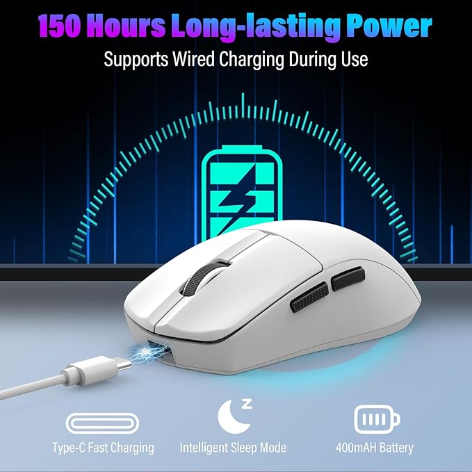 XuanGui Wireless Gaming Mouse,2.4G/BT/USB-C Wired,5-Level DPI 4000 Max,50g Lightweight,1000Hz Polling Rate,Macro Program,Side Buttons,44-Hour Battery Life,For Laptop/PC/Computer/Mac/Tablet (White-1)