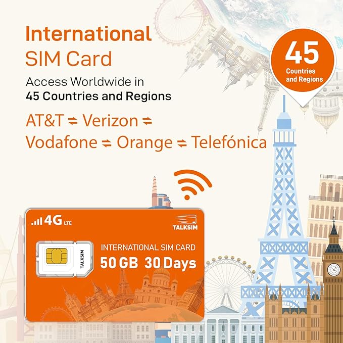 International Data SIM Card 50GB 30Days for Europe Travel, 4G LTE Coverage for 45 Countries USA, UK, Europe, Asia and Africa, Data Only SIMCard for Unlocked Devices – No Contract