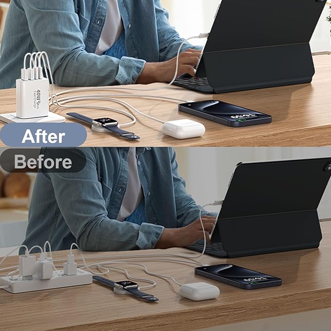 40W USB C Charger Block for iPhone 17/17 Pro/17 Pro Max/Air/16/16 Pro/16 Pro Max/16 Plus/15/15 Pro Max/14 13 12 11 Pro Max XS XR X, 4-Port PD+QC Multiport Power Adapter Type C Fast Charging Brick Cube