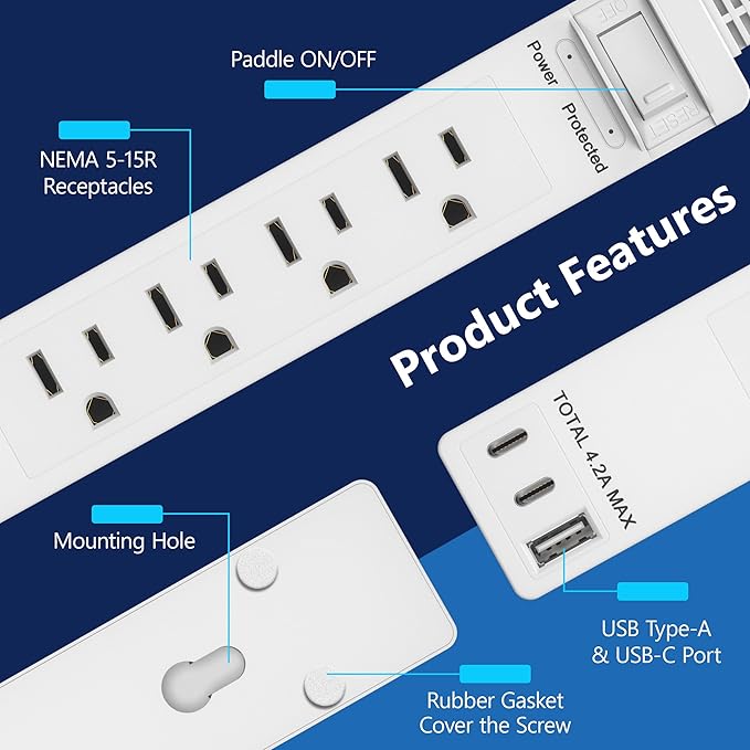 LIDER Outlet Extender with 4 Receptacles, USB Type-A and 2 USB Type-C, Ultra-Thin Flat-Plug, 4-Outlet Power Strip, 45 Degree Angle, Surge Protector, 1500 Joules, 5ft Cord, UL-Listed, White, 2 Pack