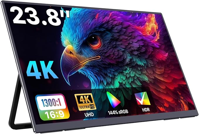 Portable Monitor 23.8" 4K 3840X2160 144% sRGB 60Hz IPS HDR HDMI USB-C Travel Monitor for Laptop MacBook PC Surface PS5 Xbox, Large External Display with Kickstand & Speakers, VESA Compatible