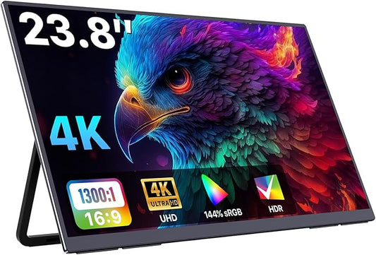 Portable Monitor 23.8" 4K 3840X2160 144% sRGB 60Hz IPS HDR HDMI USB-C Travel Monitor for Laptop MacBook PC Surface PS5 Xbox, Large External Display with Kickstand & Speakers, VESA Compatible