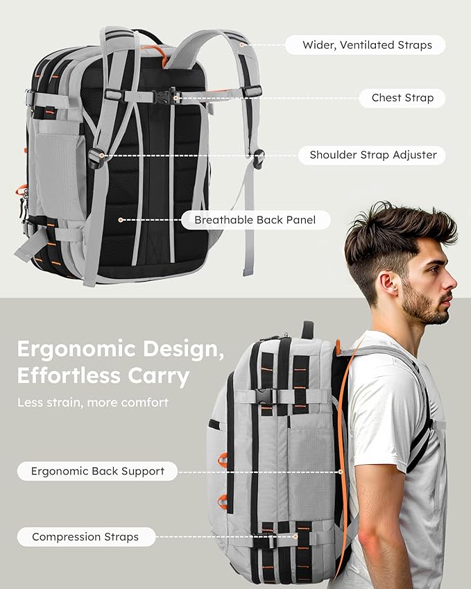 Tolaccea Travel Backpack, TSA Friendly Flight Approved Carry-on Luggage Water-resistant Business Rucksack, Durable Large Computer Bag Daypack Fits 15.6 Inch Laptop, 35-45L Expandable - Grey