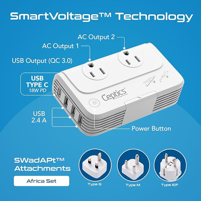Ceptics South Africa Voltage Converter - 200W Convert 220V to 110V for Devices Like Curling Iron, Straightener, Chargers, Step Down World Power Plug 4 USB PD 18W Fast Charging Type M, G, E/F