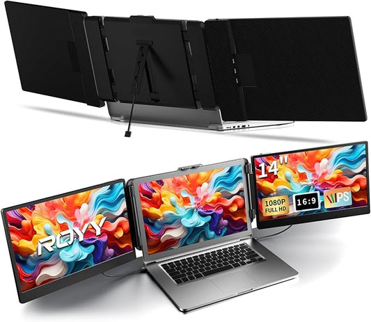 ROYY Laptop Screen Extender Triple Monitor - 14" 1080P Portable Monitor FHD Attachment Extra Screen Compatible with Windows Mac Dex Chrome Travel Work Fits 13-17" Laptops