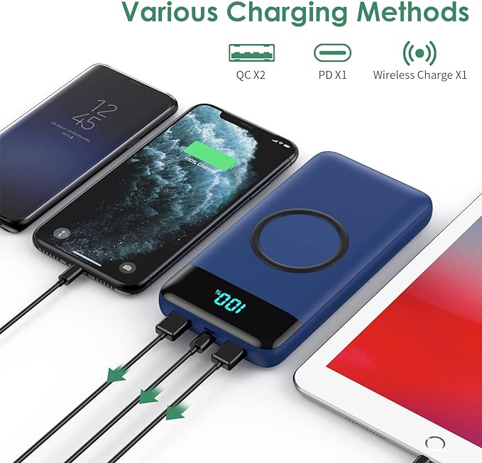 Wireless Portable Charger 30,800mAh 15W Wireless Charging 25W PD QC4.0 Fast Charging Smart LED Display USB-C Power Bank,4 Output& 2 Input External Battery Pack Compatible with iPhone, Samsung etc-Blue