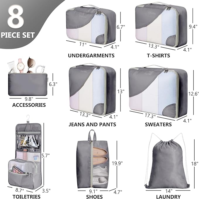 8 Set Packing Cubes for Travel, Gifts for Men,Anti-Tearing Suitcase Organizer for Luggage with Shoe & Hanging Toiletry Bag, OlarHike Vacation Accessories for Cruise, Travel Essentials for Men, Grey