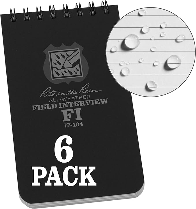 Rite in the Rain Weatherproof Field Interview Notebook, 3" x 5", Black Cover, Field Interview Form Pages, 6 Pack (No. 104L6)