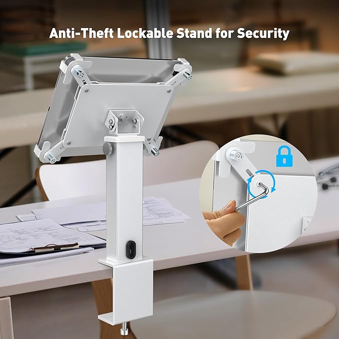 AboveTEK iPad Clamp Mount Desk, Adjustable Tablet Holder Clamp with 360° Rotation & 180° Tilt, Fits 9.7"-13" Tablets, Anti-Theft iPad Desk Stand, Heavy-Duty Aluminum Tablet Stand, Perfect for Work