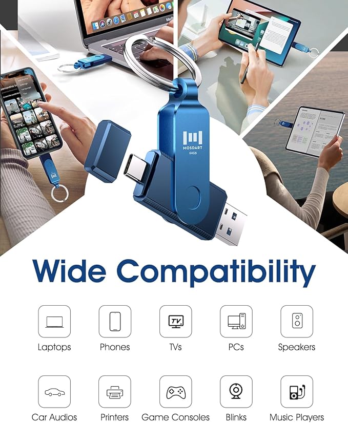 MOSDART 64GB Dual USB C Flash Drive, Speed Up to 150MB/S Type C 3.1 Thumb Drive with Keychain, for iPhone 15 and 16, Android Phone, iPad, MacBook, and Laptops, Navy Blue