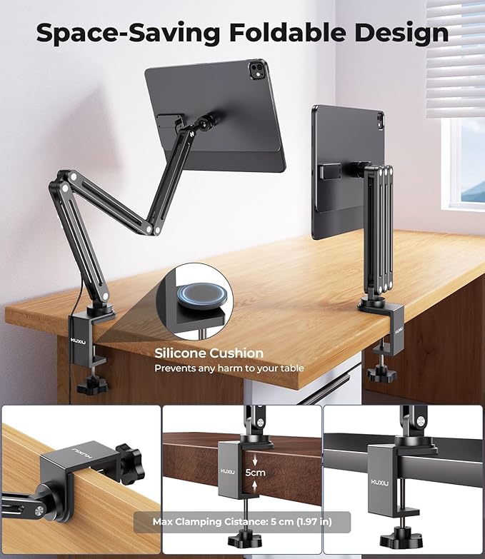 Magnetic Wireless Charging Stand for iPad Pro 13" M4 (2024), Foldable Adjustable Arm Mount with 2M Cable, Aluminum Alloy Tablet Holder for Desk