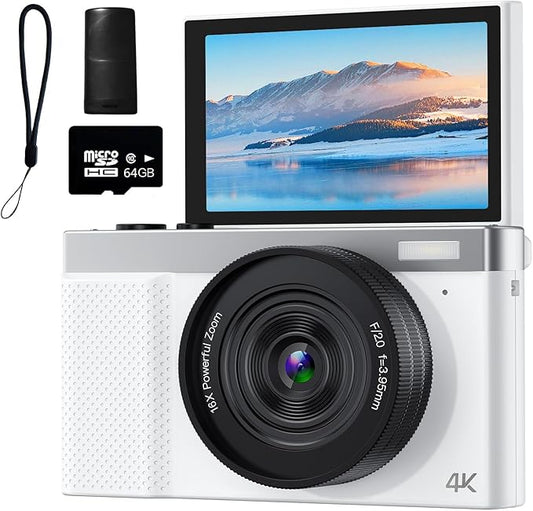 4K Digital Camera, 64MP Vlogging Camera for Photography with 3" 180° Flip Screen, 16X Compact Digital Camera with 64GB Micro SD Card for Beginner (White)