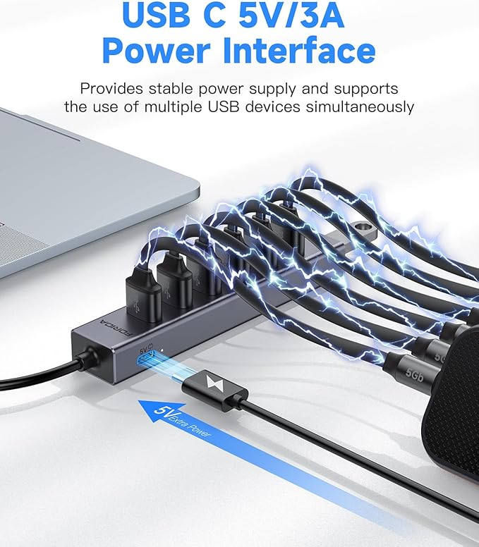 FORIDA USB C to USB Hub, 8 Ports USB 3.0 Adapter with 7 USB 3.0 Data Ports,USB Splitter with USB C 5V/3A Power Port, 9.8N/25CM Main Cable for Laptop PC and More (Dark Gray, 9.8 in)