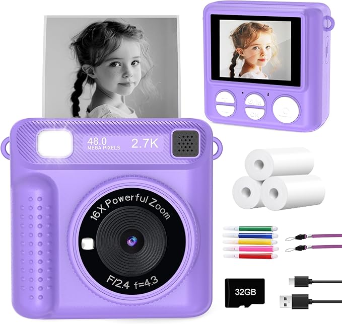 Kids Instant Print Camera - Christmas Birthday Gifts for Girls Boys, Instant Cameras That Print Photos for 4 5 6 7 8 9 10 Year Old Girl Birthday Gift with 32GB SD Card