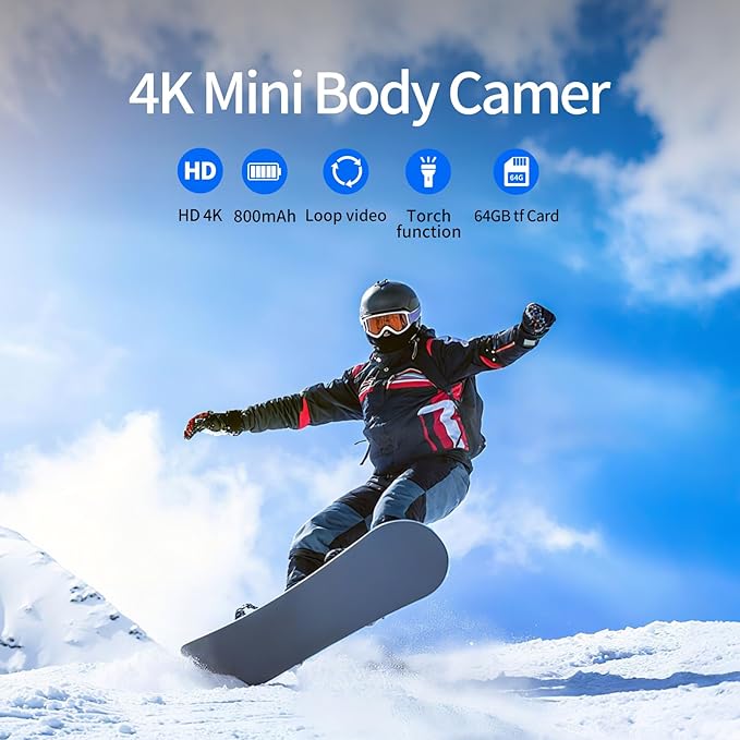Mini Body Camera 64GB, 4K 30FPS Action POV Camcorder, Wearable Body Worn Cam with Audio and Video Recording, Hands Free Sports Camera with Magnetic Back Clip for Traveling Vlogging Cycling