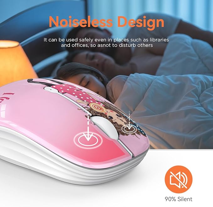 Cute Pink Wireless Mouse, Dual Mode, Bluetooth & 2.4GHz USB Receiver, Silent Clicks, AA-Battery Powered, Handy & Durable, for Kids, Girls, Students on Laptops, Mac, iPad, PC