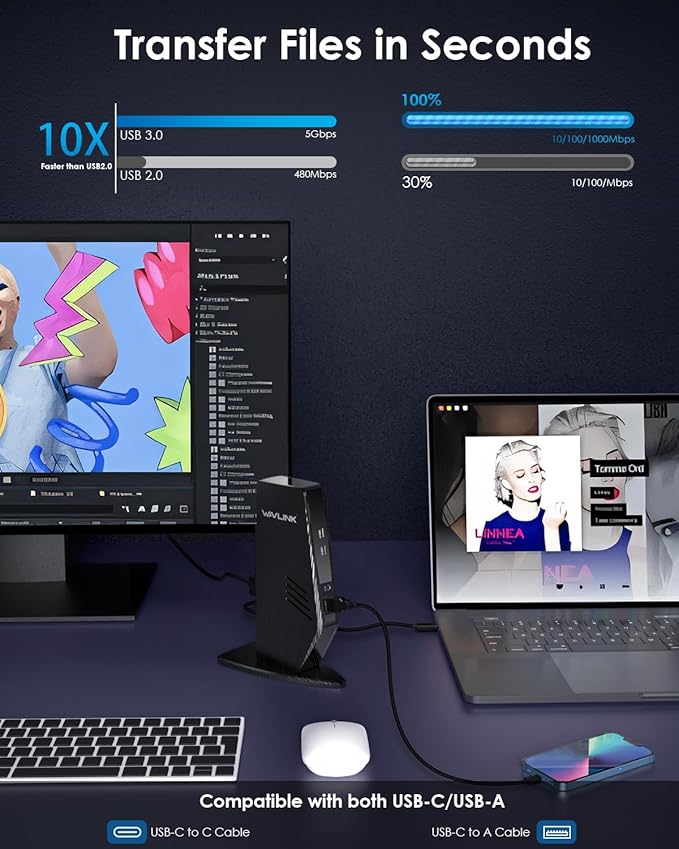 WAVLINK USB 3.0 and USB-C Universal Laptop Docking Station with 65W, Dual Monitor Docking Station for Windows or Mac, 4K HDMI (2 HDMI,2 Display Ports,3 USB-A, 2 USB-C, Ethernet, Audio&Mic)