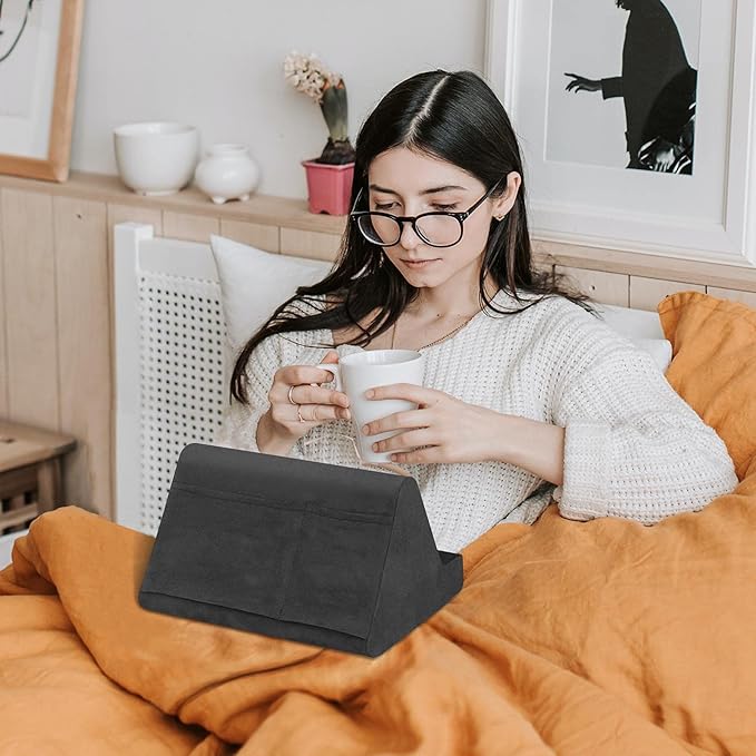 Soft Tablet Stand Pillow with Pocket,Adjustable 3 Viewing Angle,Lazy Holder for Bed Sofa,Compatible with iPads Tablets eReaders Smartphones Books Magazines (Black)