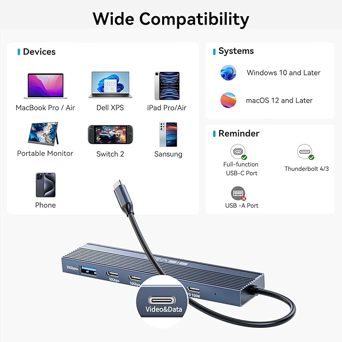 ACASIS USB C Splitter with 4K@60Hz Video Output, USB C Hub 10Gbps, 1xUSB C Video Output for Portable Monitor, 3xUSB C 10Gbps,100W PD, Multiport Adapter Splitter for Dell/HP/Mac Pro/Samsung