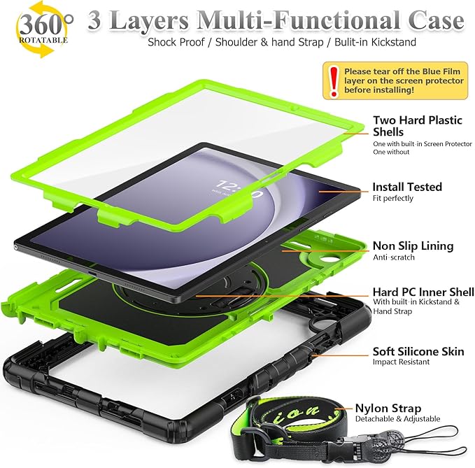 SEYMAC stock Case for Samsung Galaxy Tab A9+ Plus 11'', Full-Body Drop Protection Case with Screen Protector Pencil Holder [360° Rotating Hand Strap] &Stand, Green+Black