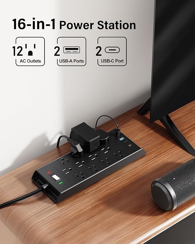 4800J Surge Protector Power Strip, LeZone 10Ft Extension Cord Flat Plug, 12 Outlets 2 USB C 2 USB Ports, Wall Mountable, PD20W Desk Charging Station, Black