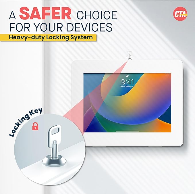 Locking iPad Wall Mount - CTA Anti-Theft Small Locking Tablet Enclosure w/ Key Lock & Interior Cable Routing for iPad Mini 1, 2, 3, 4, 5, 6, Samsung Tab A 8″, Lenovo Tab E8 - White- (PAD-PSWW)