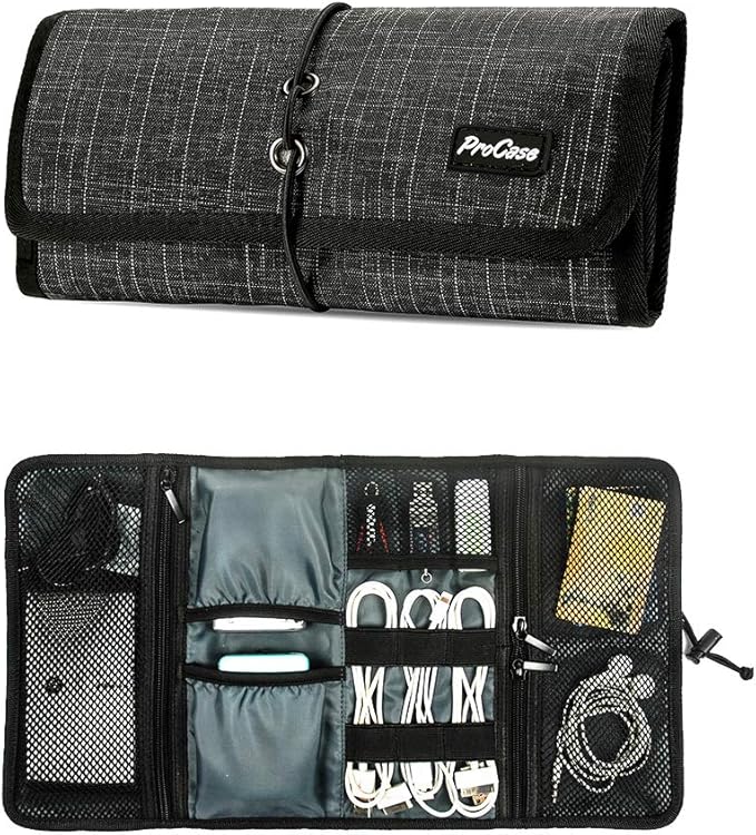 ProCase Electronic Organizer Cord Pouch, Travel Cable Charger Phone Accessories Bag Organizer Roll up Tech Carrying Case for USB Cables SD Memory Cards Earphone Flash Hard Drive -BlackPlaid