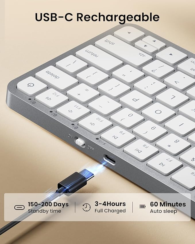 ProtoArc Backlit Compact Wireless Keyboard for Mac, K90-A Bluetooth Keyboard, Multi-Device, Low Profile, Fluid Quiet Typing, Rechargeable, Compatible with MacBook Pro/Air, iPad - White Silver