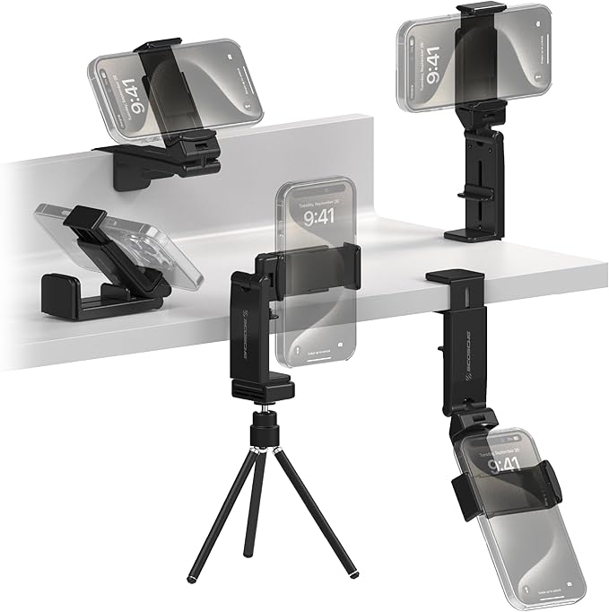 Scosche SUHTRVL-1 Airplane Travel Essentials Plane Phone Holder Mount for Long Flight, Foldable Cell Phone Stand for Desk, Seat Back, Tray Table or Tripod Compatible with Apple iPhone, Samsung Galaxy