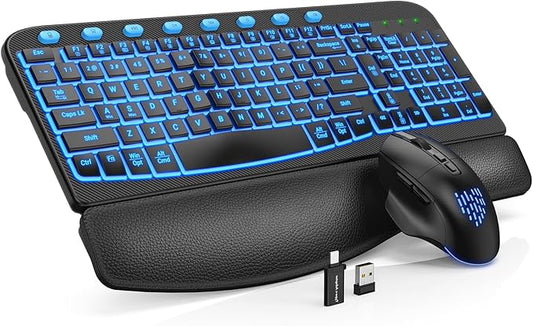 SABLUTE Ergonomic Wireless Keyboard and Mouse Combo - Wave Keyboard with Soft Leather Wrist Rest, Resistant Keys, RGB Backlit Rechargeable Set for PC/Mac/Chromebook (Black and Blue)