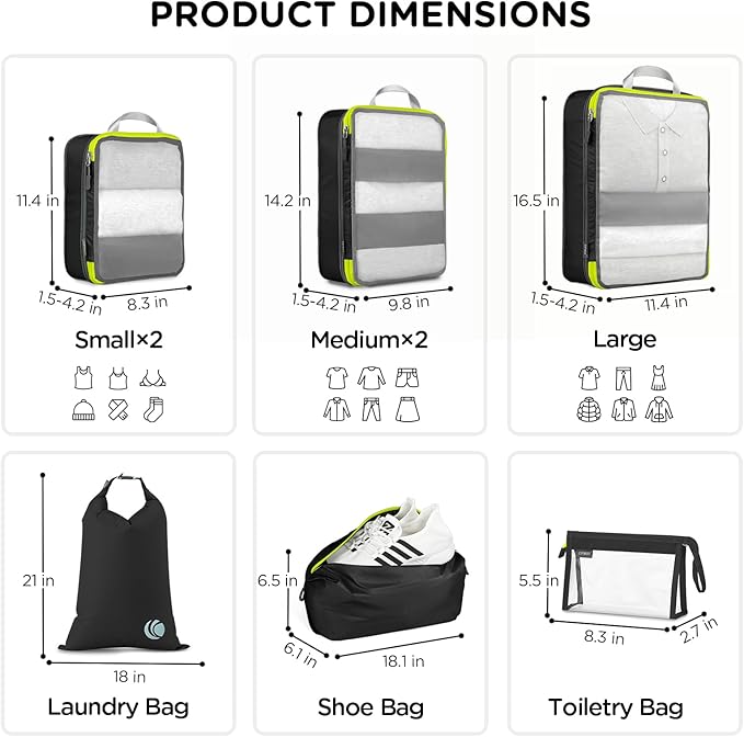 Cipway Compression Packing Cubes Mesh, Lightweight Luggage Organizer Bags with Laundry Bag, Toiletries Bag and Shoe Bag, Travel Essentials for Carry on Suitcase（8 Pcs,Black）