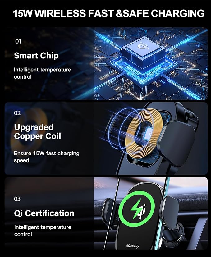 Beeasy Wireless Car Charger, 15W Fast Charging Auto Clamping Car Charger Cell Phone Holder Mount Vent for iPhone 15 14 13 12 Pro Max 11 XR XS X, Samsung Galaxy S24 Ultra S23 S22 S21+ Note 20, etc