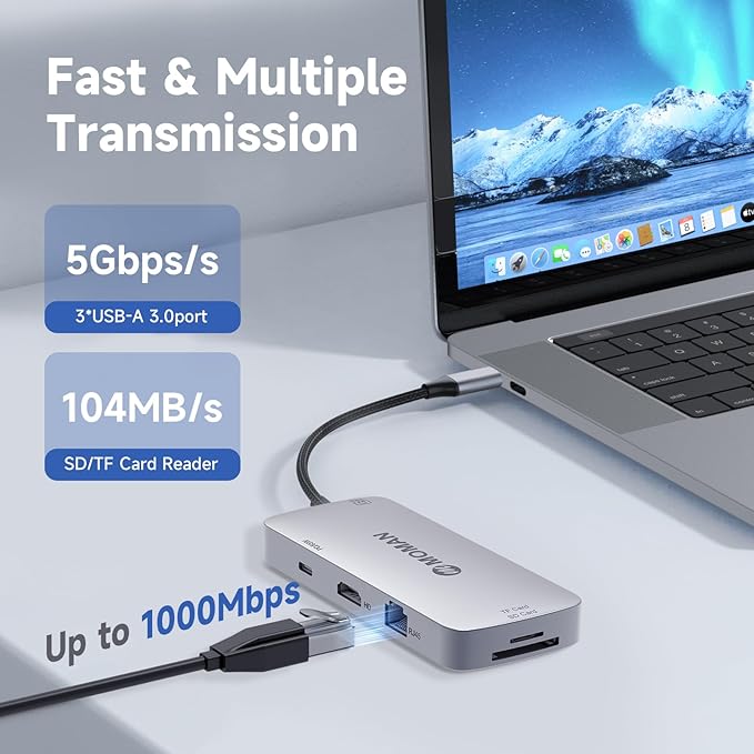 Moman USB C Hub 9 in 1, Docking Station with 100W PD, 4K@30Hz HDMI, 3 x USB 3.0 5Gbps, 3.5mm Audio Connector, RJ45 Ethernet, SD/TF Card Reader for Mouse, Keyboard, U Disk, Flash Drive, Mobile