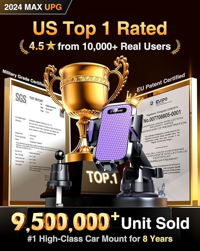 VANMASS [True Military-Grade] Car Phone Holder [Upgraded Suction & Clip] Cell Phone Mount for Dashboard Windshield Vent Truck Cradle Dash Stand for iPhone 16 Pro Max 15 14 13 12 Android, Purple