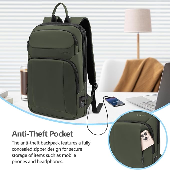 Backpack for Men Slim & Expandable Travel Laptop Backpack with USB Charging Port Water Resistant Anti-Theft Business Backpack Fits 15.6 Inch Laptop for Commute Work College with Small Bag(Olive Green)