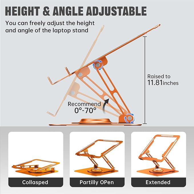 Laptop Stand for Desk, Adjustable Computer Stand with 360° Rotating Base, Ergonomic Laptop Riser for Collaborative Work, Foldable & Portable Laptop Stand, fits for All 10-16" Laptops (Orange)