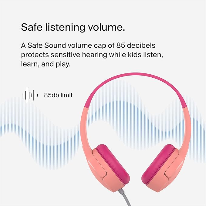 Belkin SoundForm Mini Kids Wired Headphones with Built-in Microphone & Fun Stickers, 85dB Safe Volume Limit – for Online Learning, Travel, Compatible w/iPhone 15, iPad, Galaxy S23, & More - Pink