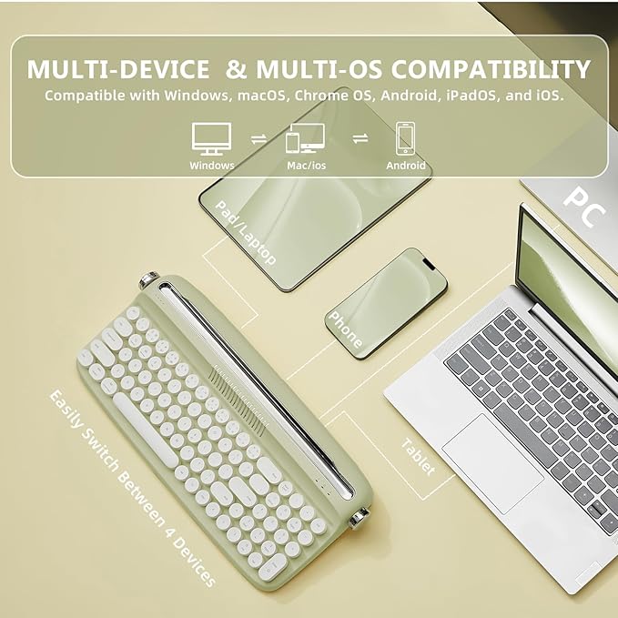 YUNZII Upgraded Wireless Keyboard, Retro Typewriter Style with Integrated Stand, USB-C/Bluetooth with Cute Round Keycaps for Multi Device for Win/Mac (B309, Sweet Mint)