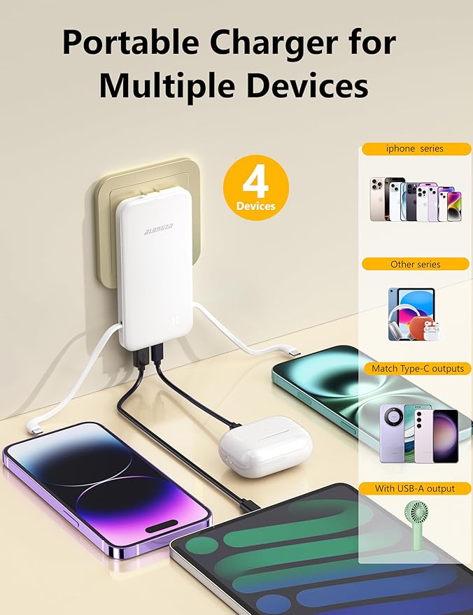 Alongza Portable Charger Built-in Cables and AC Wall Plug, Slim Fast Charging Power Bank 10000mAh, Lightweight USB C External Battery Pack Compact Travel Cell Phone Charger