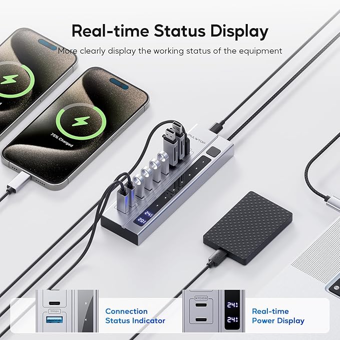 9 in 1 Powered USB C Hub, USB 3.2 Data Hub with 65W PD Power Adapter, 3 USB-C 10Gbps, 4 USB-A 5Gbps, 2 24/45W Type-C PD Charging Ports USB Hub