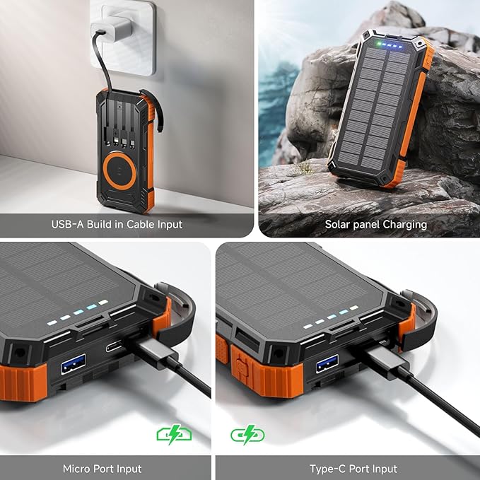 Solar Charger Power Bank 49800mAh 22.5W Portable Charger, 15W Wireless Charging QC 3.0 Fast Charging with LED Flashlight, Built-in 4 Cables, USB-C in/Output