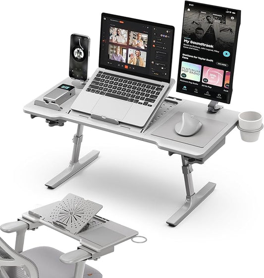 Newtral Laptop Bed Tray Desk, Height & Angle Adjustable Foldable Laptop Stand w/Cup Holder, Mousepad, Laptop Table Bookstand for Gaming, Working, Sofa & Office Chairs Use (Grey, Upgrade)