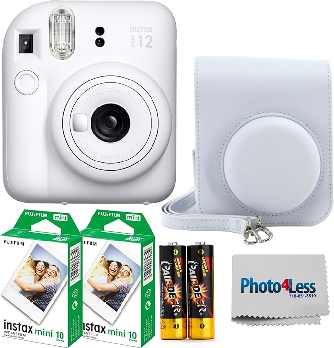 Fujifilm Instax Mini 12 Instant Film Camera Clay White, Fuji Instax Mini Twin Pack Instant Film 20 Prints, Protective Case, Gift Bundle