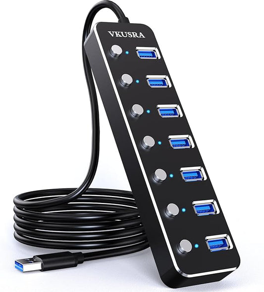 USB Hub, VKUSRA 7 Port USB Hub 3.0 with 4ft USB Long Cable, and Aluminum USB 3.0 Hub with Individual On/Off Switch and LED Indicator, USB Splitter for Laptop & PC, Power Adapter Not Included