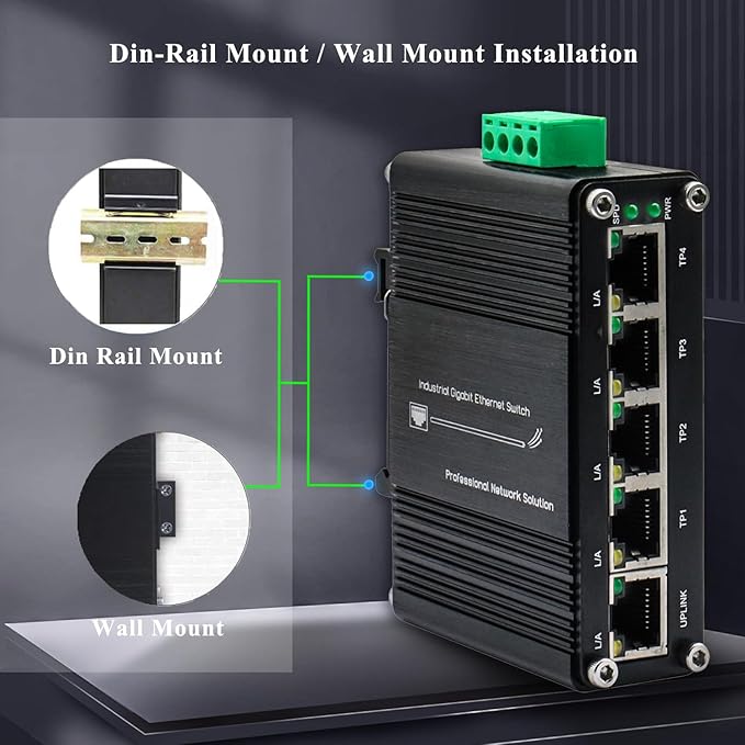 Mini 5 Port Industrial Gigabit Ethernet Switch, Unmanaged Hardened Network Switch, 12-48VDC Wide Power Input, DIN-Rail or Wall Mount, Plug and Play, Outdoor Rated, Rugged Metal Case