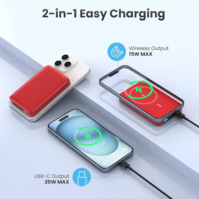 Magnetic Portable Charger Power Bank,Compact 10800mAh LCD Display Wireless Portable Charger,20W PD USB-C in&Out Battery Pack Compatible with Magsafe,iPhone 15/15 Pro Max/14/13/12 Series-Red