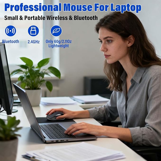Wireless Bluetooth Multi-Purpose Mouse,DPI 4000,Portable Lightweight 2 OZ,Dual-mode 2.4GHz/BT3/BT5,Smart Power-Saving Mode For Laptop/Macbook/Computer,Ideal For Travel/Home/Office/Casual Gaming