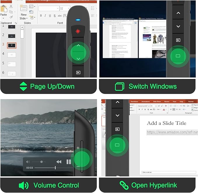Presentation Clicker Green Laser Pointer, Rechargeable PowerPoint Clicker Wireless Presenter Remote, RF 2.4GHz USB Presentation Pointer Slide Advancer with Hyperlink Volume Control for Mac Computer