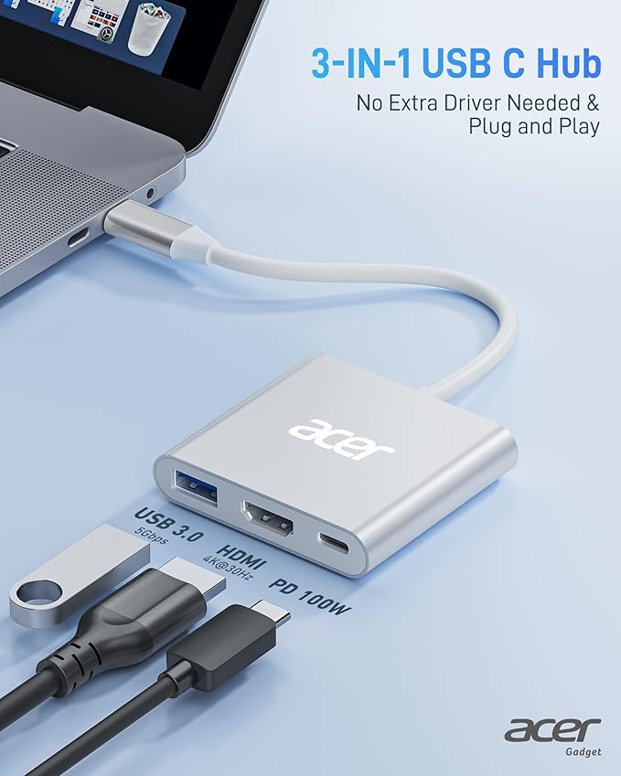 Acer USB C to HDMI Adapter, 4K USB C Hub with 100W PD, USBA 3.0 Port, HDMI to USBC Multiport Digital AV Converter for MacBook Pro/Air, iPad, Tablets, Switch, TV, Monitor and More (Silver)